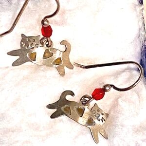Delicate sterling silver cat/heart design (w/ruby-colored beads)earrings